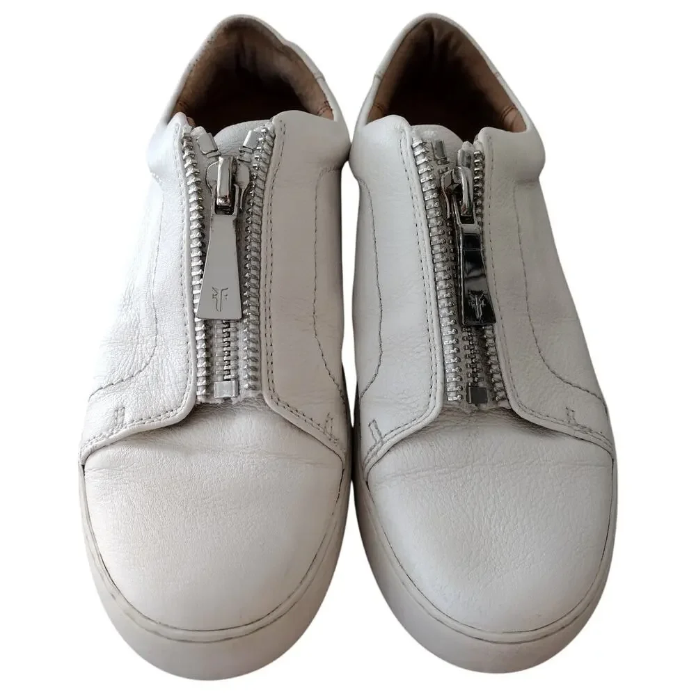 Frye | White Leather Lena Low Zip Sneaker Shoes Women's 8.5 - Picture 1 of 14